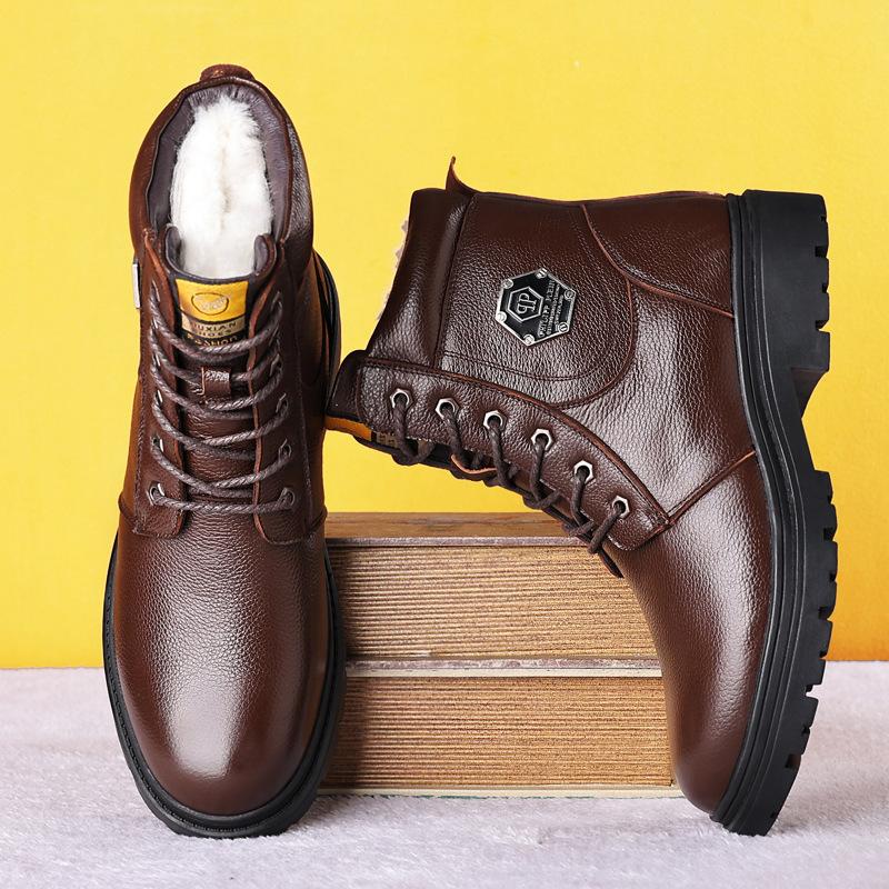 Cowhide and Fleece Martin Boots Men's Shoes Wool Cashmere British Casual Northeast High-top Cotton Shoes Leather Boots Men's Shoes Cargo Boots