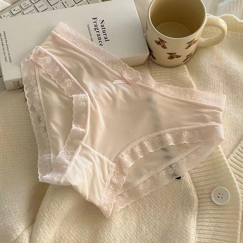 Spring and Summer Solid Color Ice Silk Underwear for Women Mid Waist Quick Drying Lace Underwear