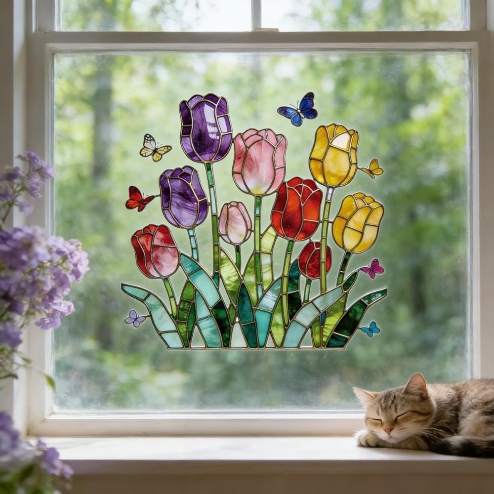 Removable Tulip Window Decals Waterproof Tulip Butterfly Wallpaper Tulip Glass Stickers Doors