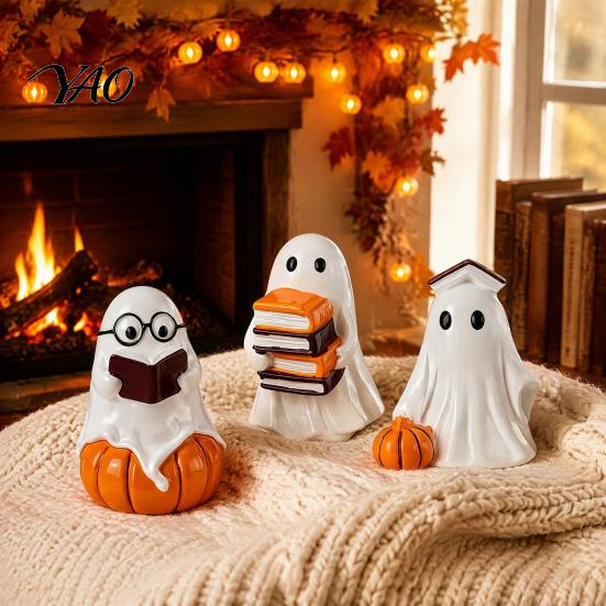 Cute Ceramic Ghost Statue Halloween Figurine, Resin Spooky Statue, Funny Creepy Tiered Tray Decor Items Tabletop Ornament for Home Shelf Party