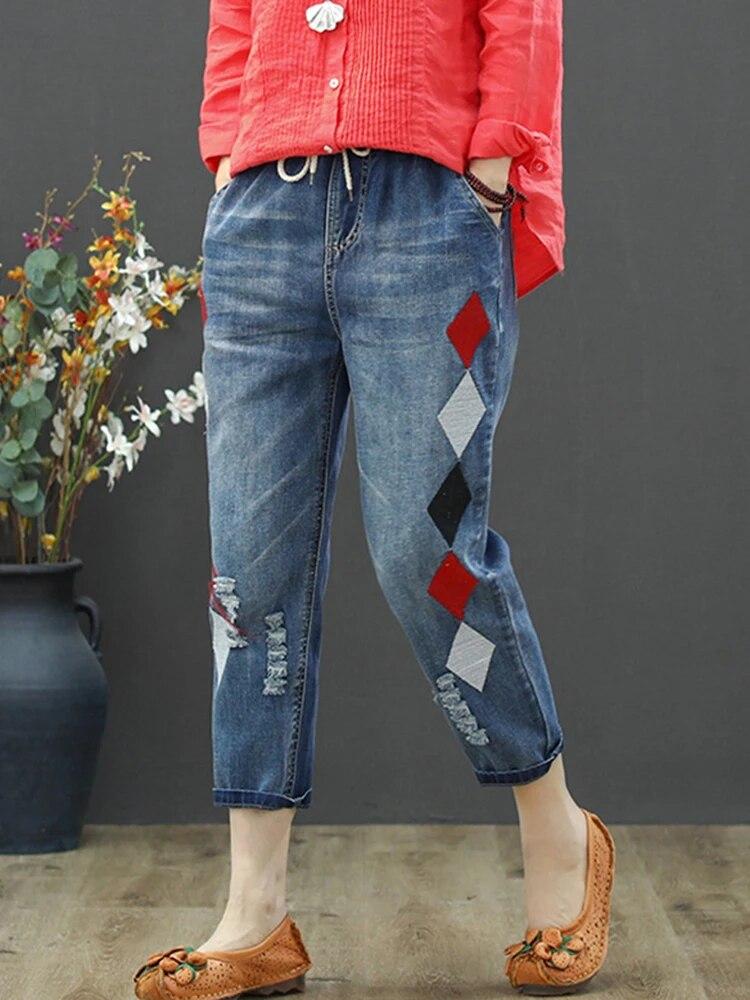 Ladies Embroidery Jeans Womens Fashion Vintage Ripped Denim Trousers Loose Holes Elastic Harem Pants