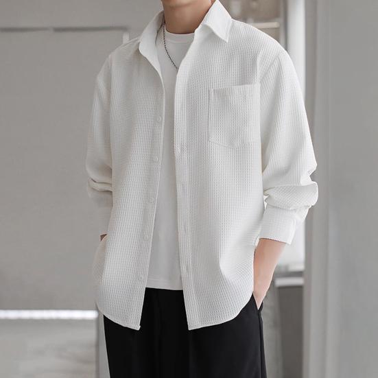 Мужская вафельная рубашка на пуговицах с длинным рукавом, повседневная свободная футболка с нагрудным карманом, мужская осенняя деловая рубашка