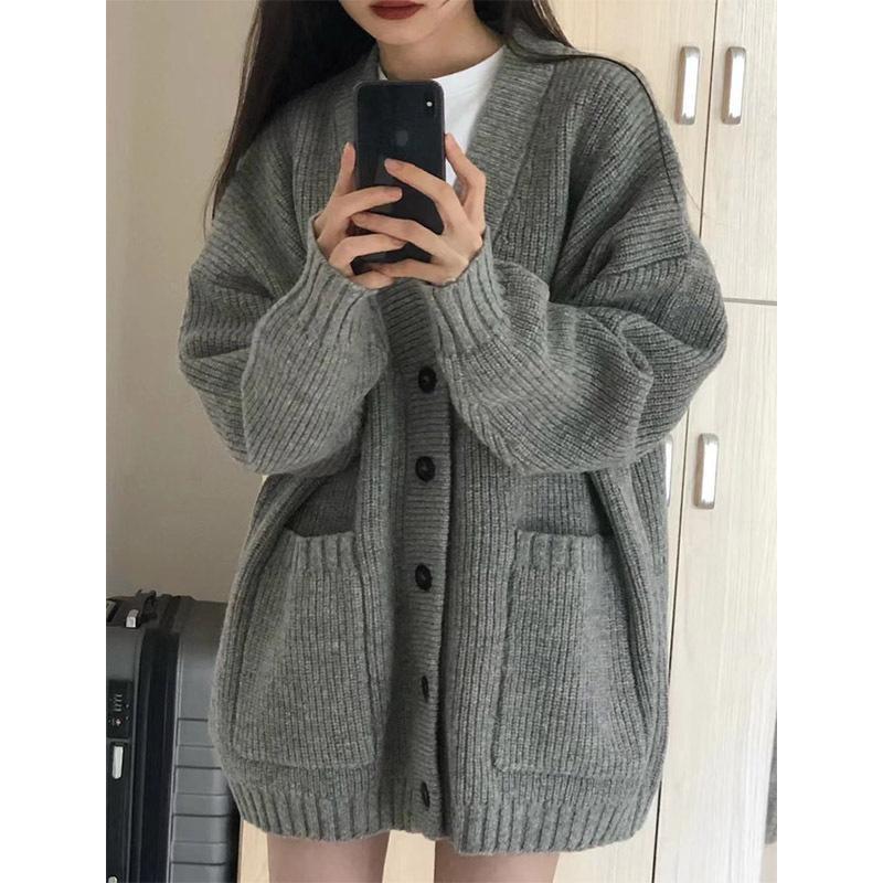 Grey Knit Cardigan Sweater Coat for Women – Spring & Autumn French Casual Style