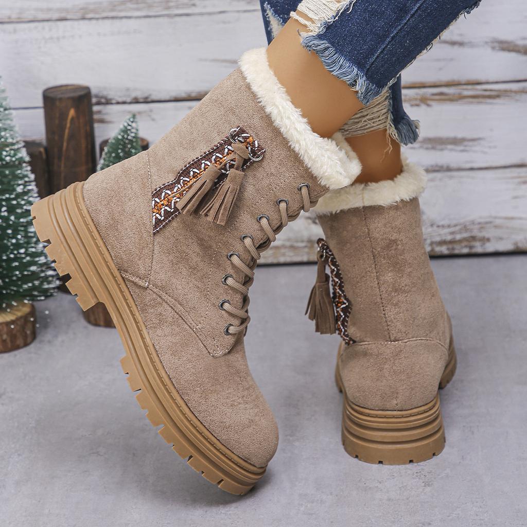 Fashion Anti-slip Fringe Decor Short Plush Women's Snow Boots Lace Up Bohemian Winter Warm Short Fur Boots Bottes Femmes Thick Bottom