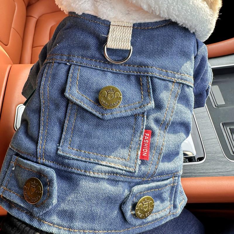Pet Winter Coat Dogs Cats Fleece-Lined Denim Cotton Jacket Warm Thick Outerwear In XS To XL
