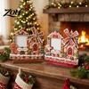 Festive Desktop Centerpiece 2D Gingerbread House Wooden Photo Frame, Spinning Windmill Christmas Picture Xmas Cottage Ornament Holder for Home