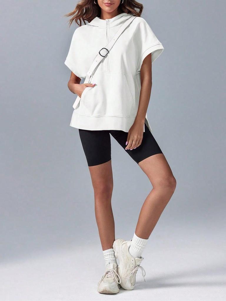 Women's Oversized Half Zip Hoodie Short Sleeve Pullover Sweatshirt Top with Pockets