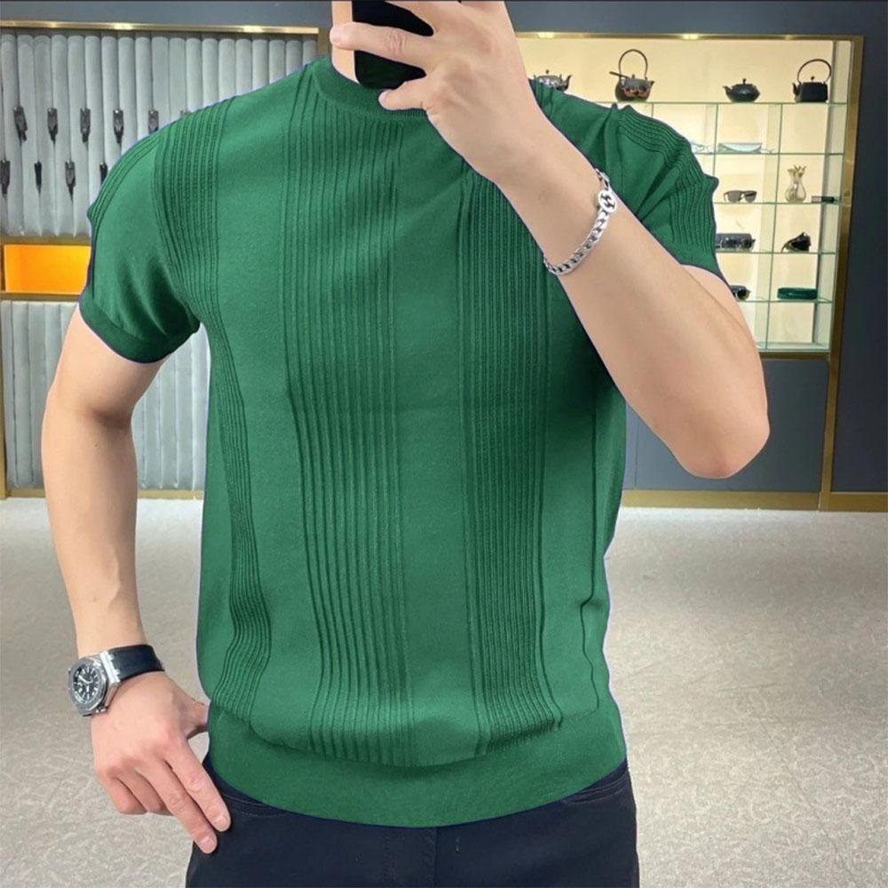 Summer Men's Texture Striped Knit T-shirt Round Neck Solid Color Casual Shirt Half Sleeve Stretchable