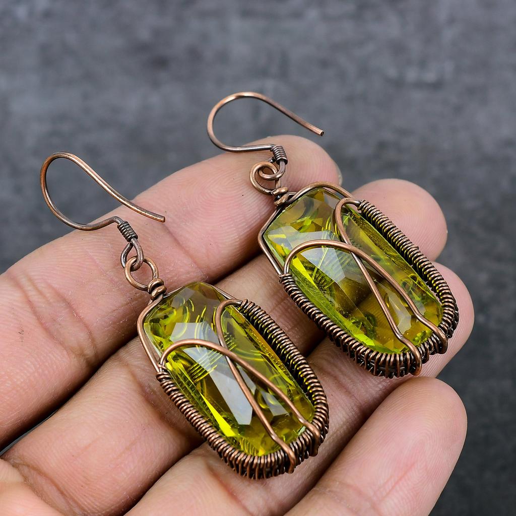 Peridot Handmade Copper Wire Wrap Jewelry Earring 2.56" l1R73
