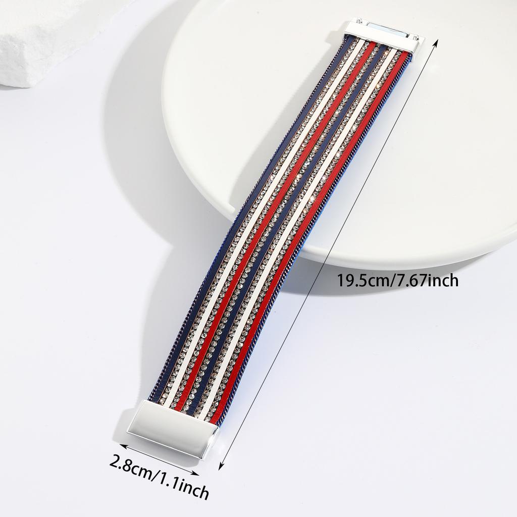 Bracelet red white blue color scheme leather bracelet women's rhinestone chain handmade multiple pu leather hand rope men's magnetic buckle