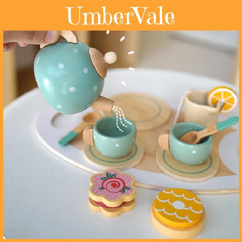 Children Play Tea Set With Wooden Cake And Pots For Creative Kitchen Pretend Games