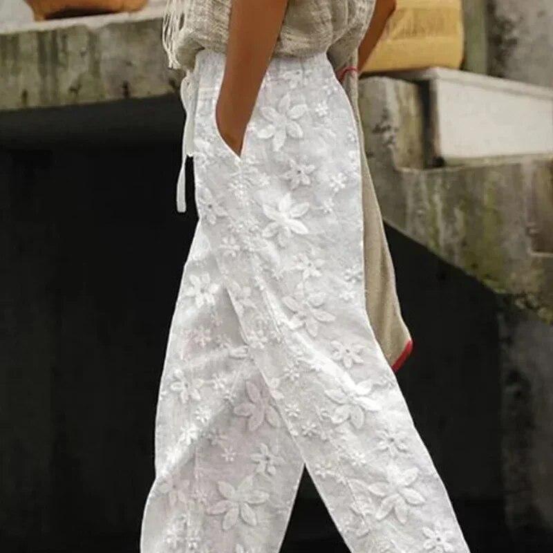 Элегантные свободные белые прямые брюки на шнурке, повседневные женские брюки из хлопка и льна с вышивкой до щиколотки, брюки с эластичной резинкой на талии 26162