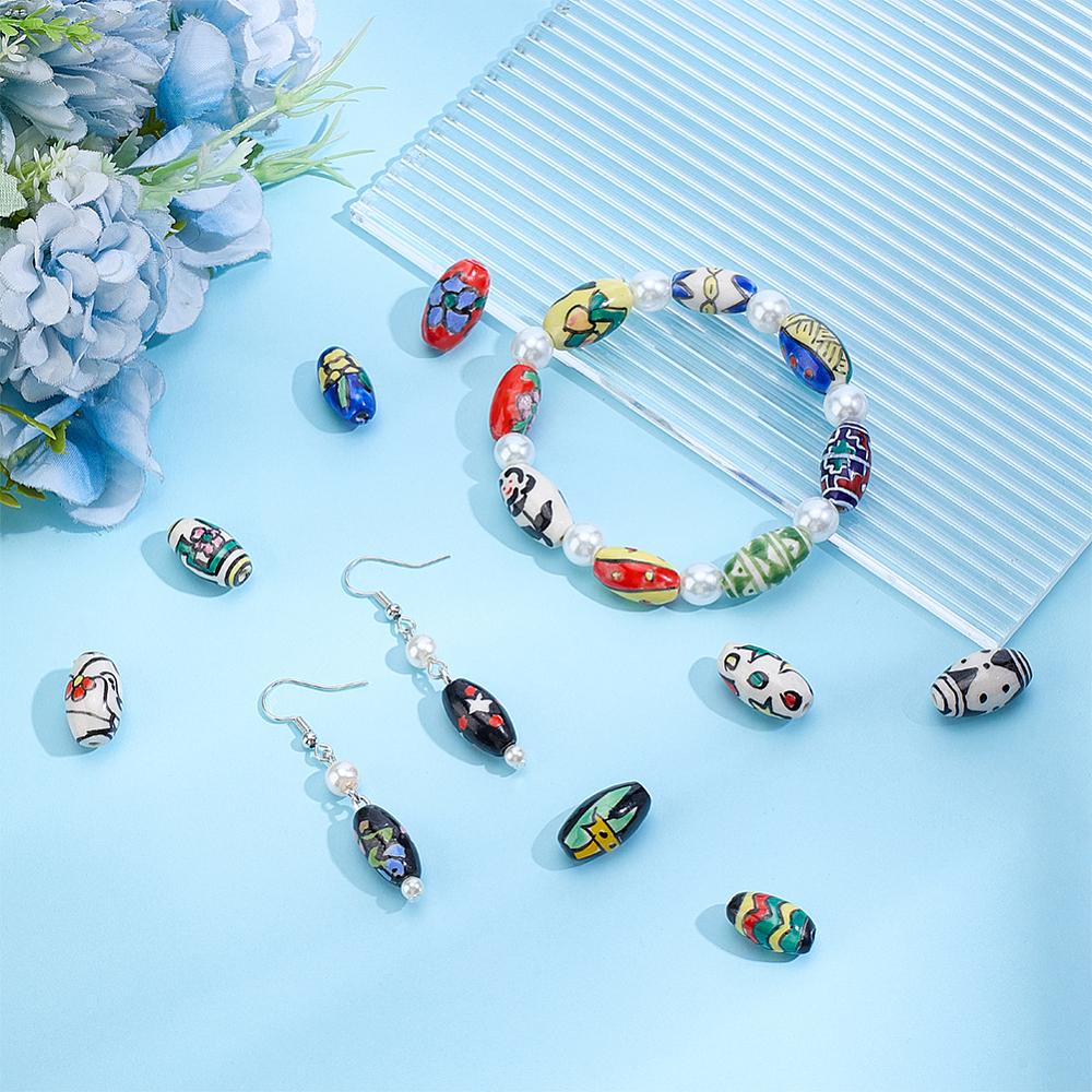 1set 20pcs 20 colors Handmade Printed Porcelain Beads Oval Mixed color 14~16x8~9mm Hole: 1.5~2mm