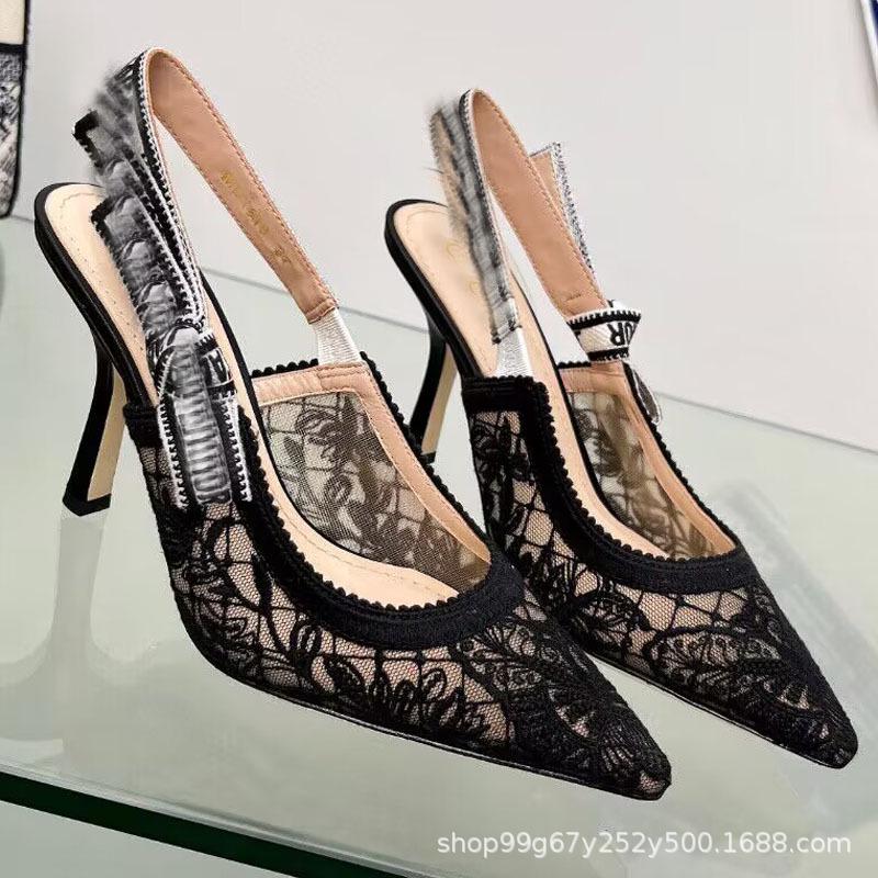 D2024 Весенние кружевные сетчатые туфли на плоской подошве с острым носком: Сандалии с ремешком сзади в стиле феи для женщин