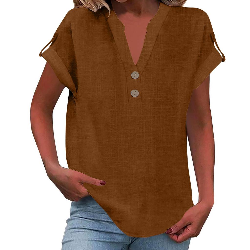 Women's Fashion Casual Solid Colour V-Neck Short Sleeve Button Down Shirt T-Shirt Top