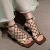 Fashion Temperament High Heels Women Summer Square Toe Open Toe Rhinestone Metal Mesh Strap Alien Heel Roman Sandals