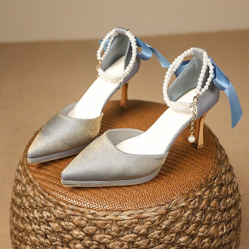 Модные женские сандалии Baotou, осенние, новые, с острым носком, с неглубоким носком, сатиновые, водонепроницаемые, на платформе, с бусинами, на высоком каблуке