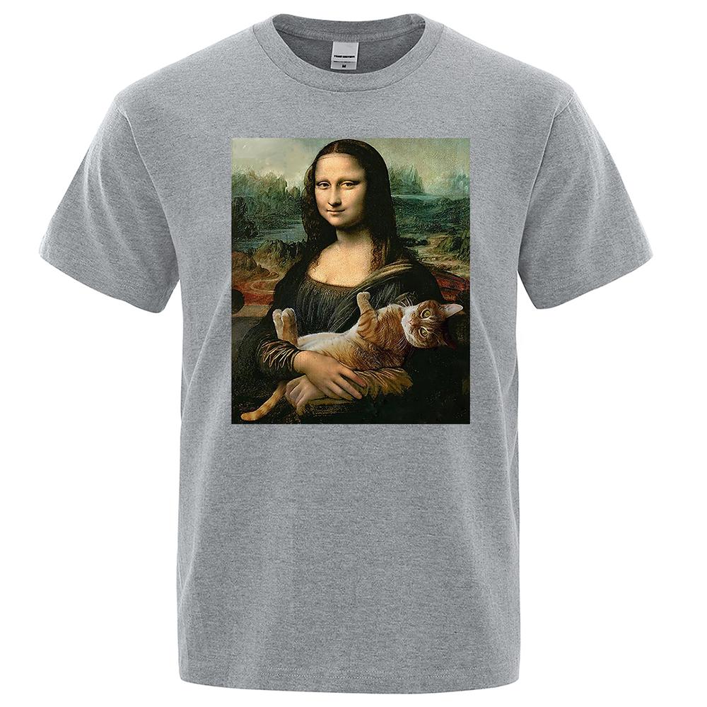 Смешная футболка с принтом Моны Лизы и кошки для мужчин, летняя хлопковая футболка, свободная дышащая одежда, короткая