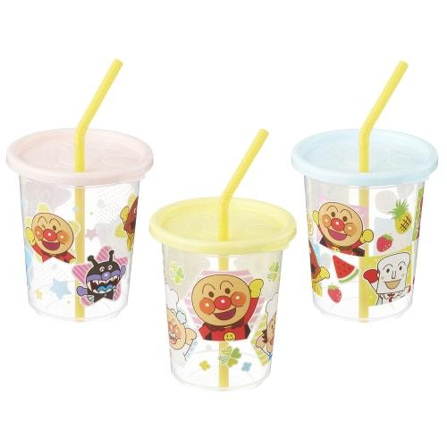 LEC Anpanman Straw Cup (Type B) - 3-Pack / 270ml Capacity / Set of 3 Colors and 3 Designs / Made in Japan / Includes Lid / Straw / Compatible with Com