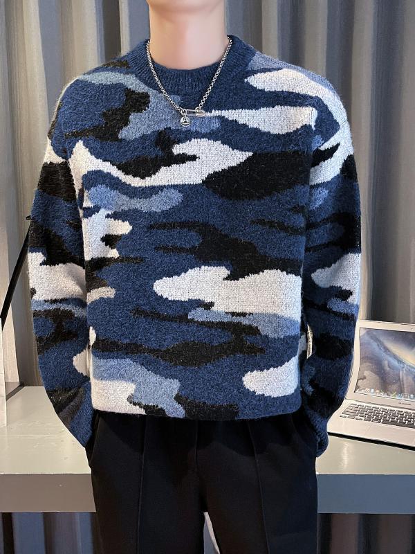 Korean Camouflage Round Neck Sweater: 2025 Autumn/Winter Men's Casual Knitwear Fashion.