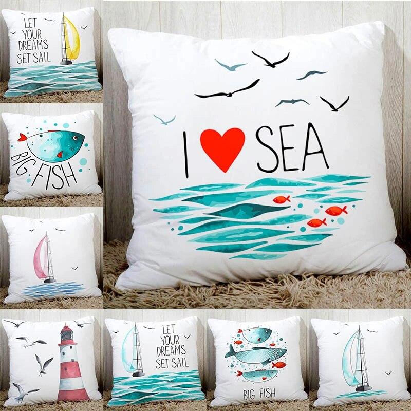 Blue Sea Sail Print Sofa Cushion Cover Pillowcase Home Party Car Bedding