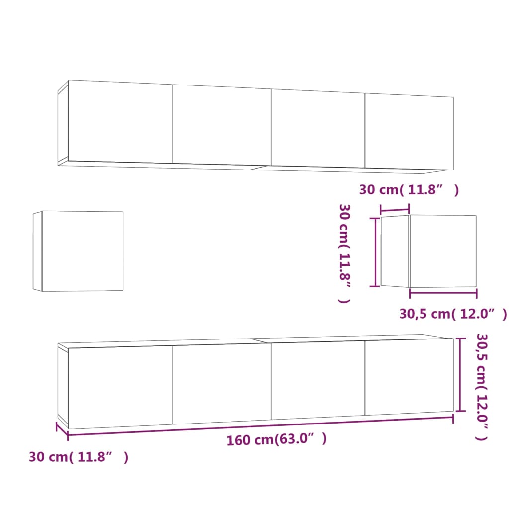 6 piece TV cabinet set white particleboard