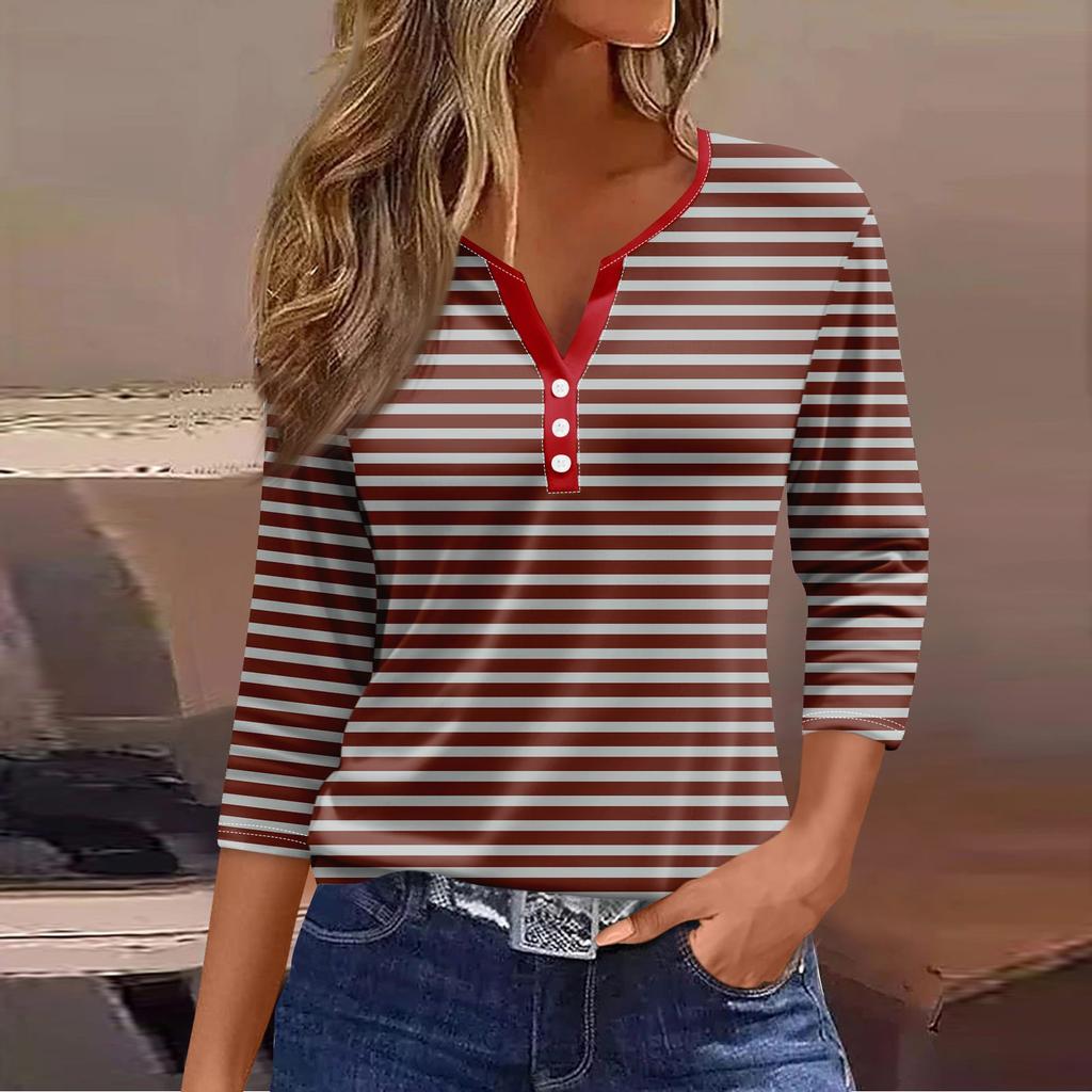 Жен. Футболка Футболка С принтом Пуговицы Рукав 3/4 Повседневные Выходные Мода Классический V-образный вырез Обычный Топ