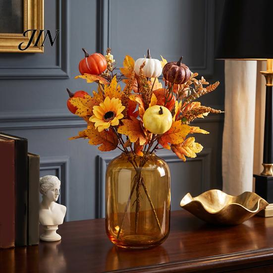 Artificial Fall Bouquet with Fabric Pumpkins Maple Leaves Wheat Berries, Thanksgiving Floral Arrangement Autumn Home Decor for Centerpieces, Seasonal