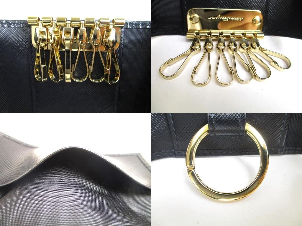 Оригинальный чехол для ключей Salvatore Ferragamo Gancini из черной кожи с золотым покрытием H/W 6Pics #a431 восстановленный