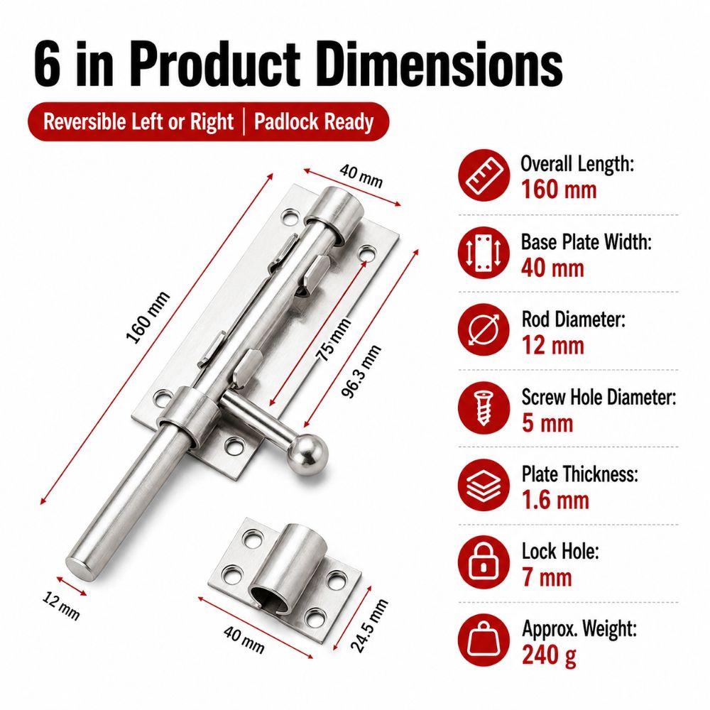 304 Stainless Steel Slide Bolt Lock Heavy Duty Gate Latch Durable Barrel Bolt Latch Gate