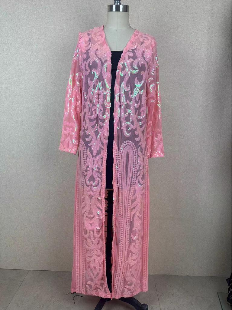 Европейский и американский кардиган с длинным рукавом, из сетки с пайетками и бисером