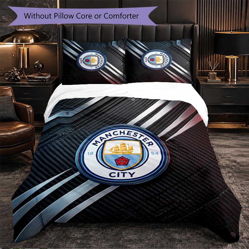 Manchester City Pattern 3 Pieces Bedding Set Soft Microfiber Duvet Cover with Pillow Cases for Bedroom