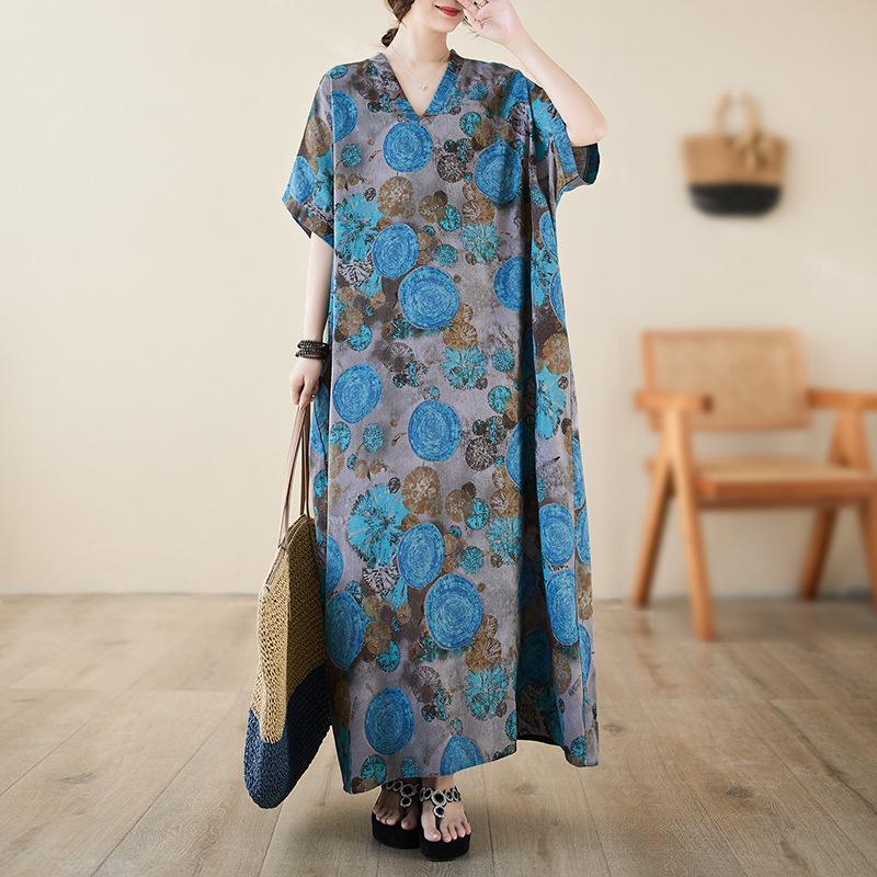 Летнее женское пляжное платье больших размеров из хлопка и льна с принтом и V-образным вырезом, свободное, простое, в стиле отпуска, длинное платье