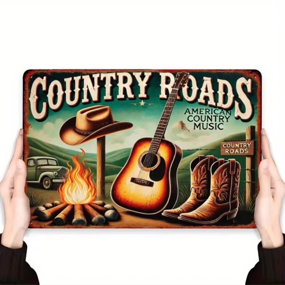 2D -1PC American Country Music Theme Tin Painting,Showing Classic Elements of Country Music, Suitable for Decorating Living Room