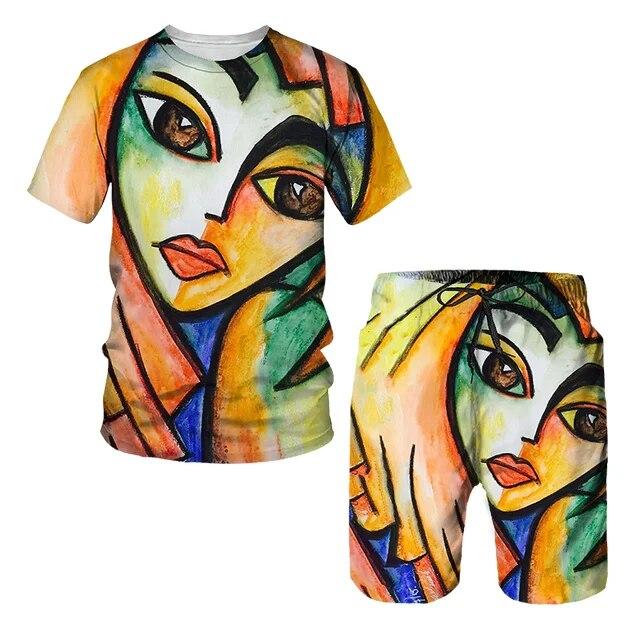 Мужской спортивный комплект, состоящий из 2 предметов, пляжный повседневный спортивный костюм с короткими рукавами и принтом, футболки с абстрактным узором, шорты с эластичной резинкой на талии, брюки, комплекты спортивных костюмов