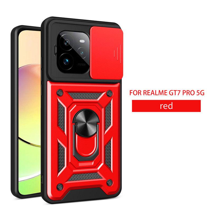 Для Realme GT7 Pro/ GT7 Чехол–Сдвижная крышка камеры+Кольцо-подставка+Магнитное притяжение, Противоударная бронированная задняя крышка военного класса, Защита от падений