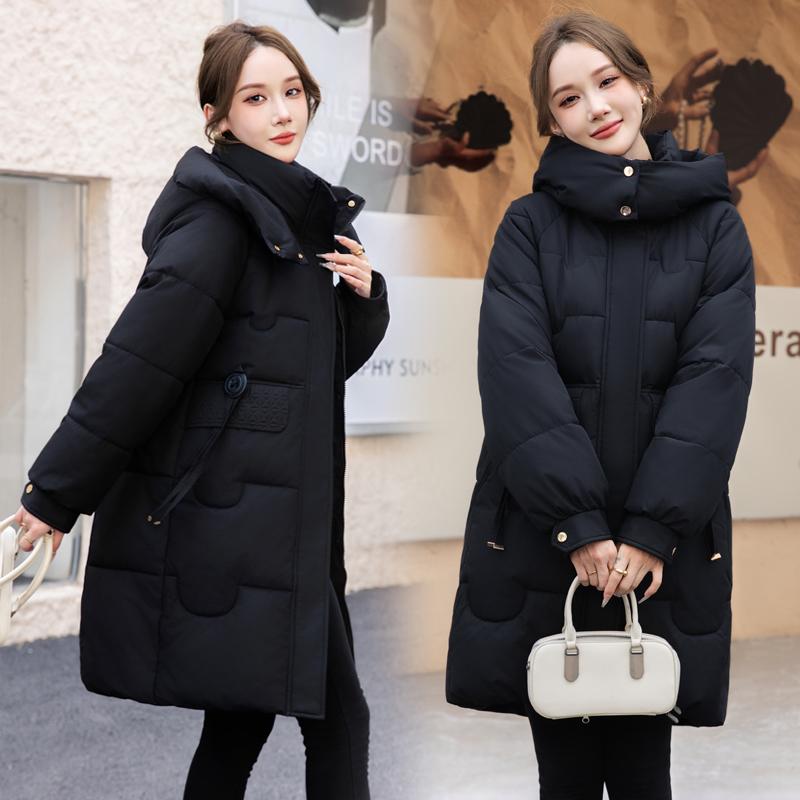 Comfortable and Fashionable Korean Style Plus Size Hooded Long Down Cotton Coat with Large Pockets