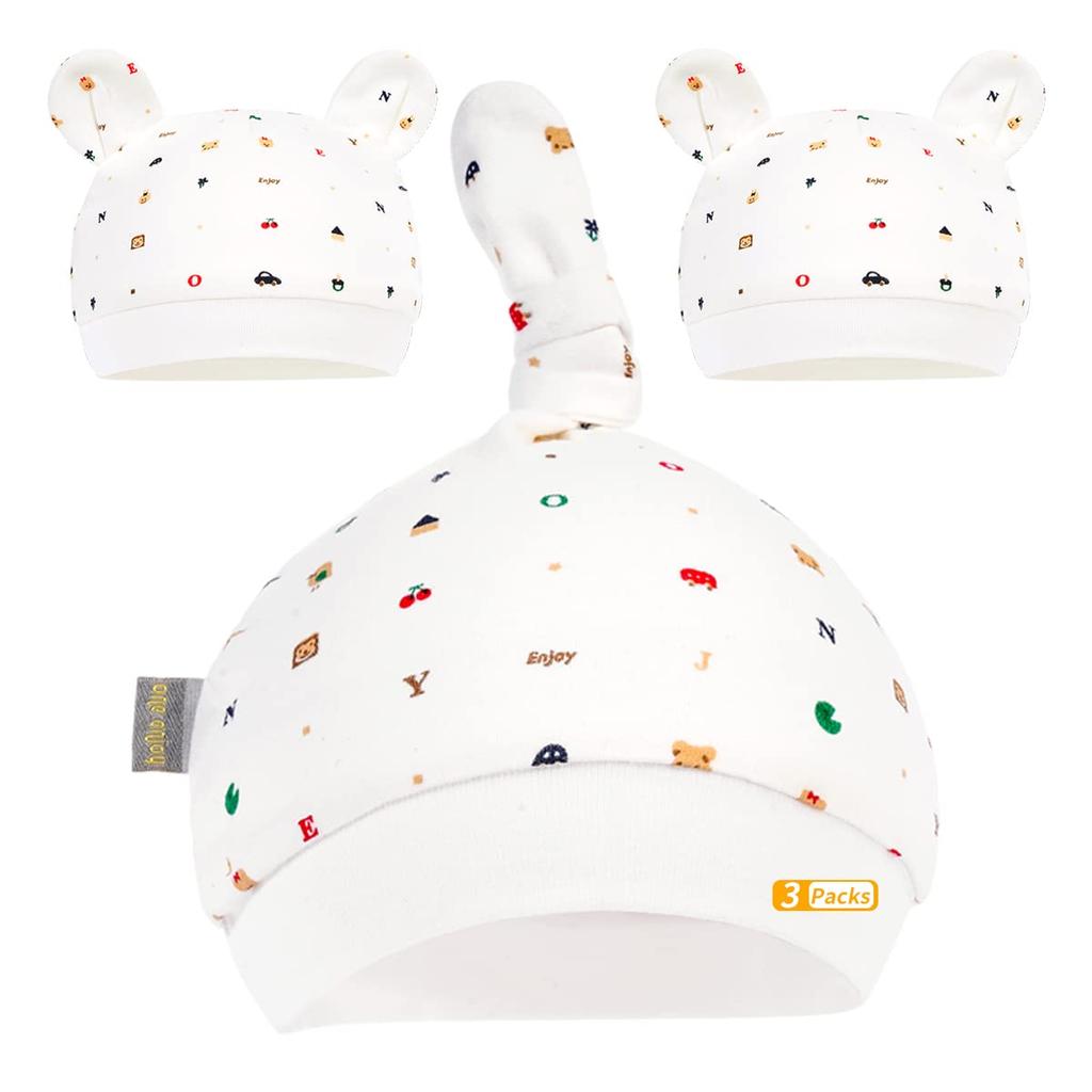 Baby Hats Organic Soft and with Bear Perfect for Baby Baby and Head Protection (6-12 Months), 3-Piece Set, 100% Cotton, Comfortable, Ears, Unisex,