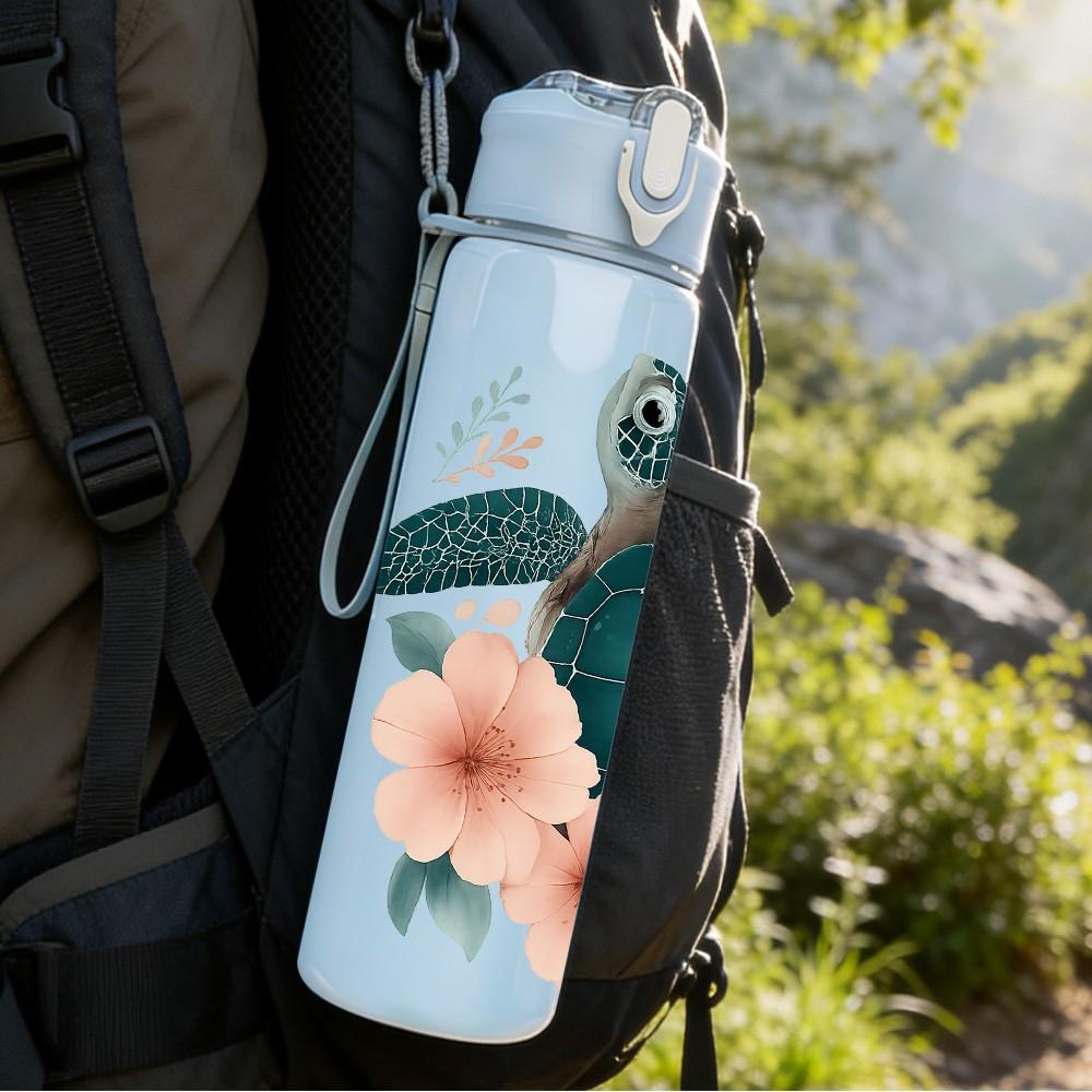 1PC Floral Sea Turtle Print 750ml Color Plastic Sports Water Bottle Leakproof Flip Straw Lid Suitable for Sports Office Home Use