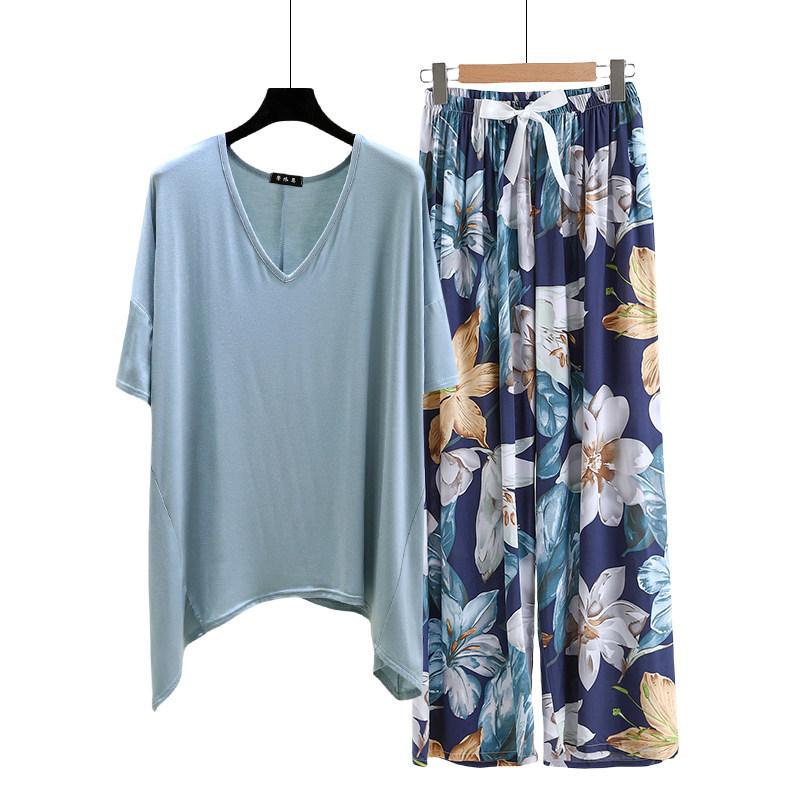 Необычная футболка и широкие брюки с цветочным принтом летние женские повседневные пижамные комплекты Костюм для дома с коротким рукавом Свободный легкий костюм для отдыха Большие размеры