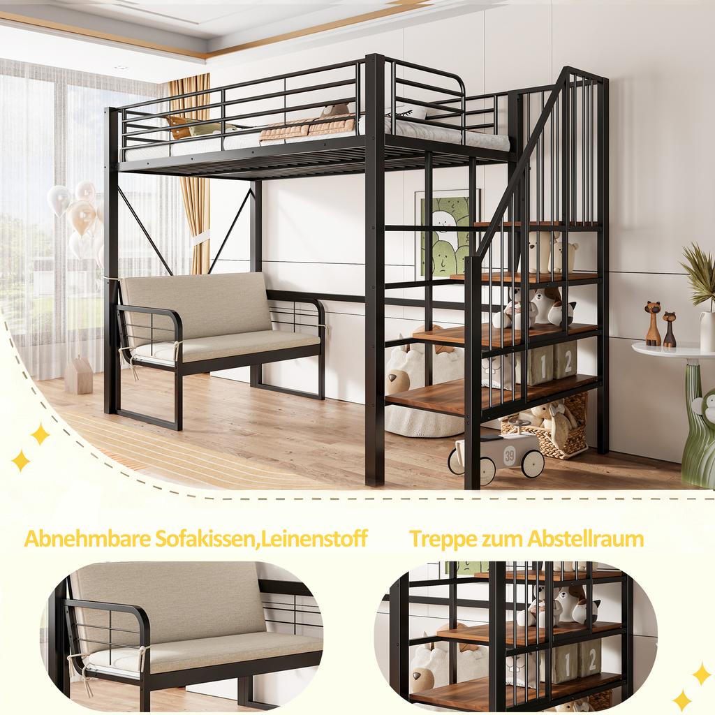 Bunk bed (90 x 200) with sturdy metal frame, removable upholstered sofa, storage space and safety staircase. Suitable for children and adults. Black.
