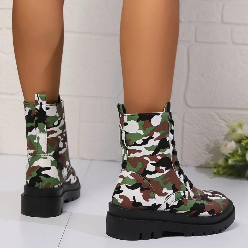 Fashion 2024 Winter Women's Shoes Mid-calf Women's Boots Fashionable Color Matching Modern Lace-up Boots Women's Brand Fashion Boots