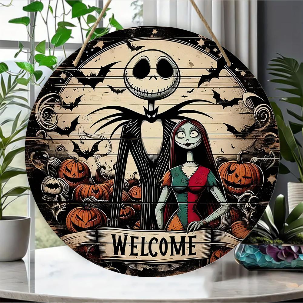 Vintage spooky character design round wooden hanging plaque rustic pumpkin wall decor front door sign aesthetic home holiday decoration party ornament