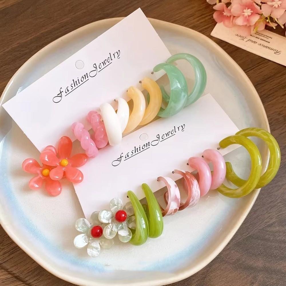 10Pcs Resin Flower Stud Earrings C-Shaped Hoop Earrings Set Fashion Exaggerated Earrings For Women