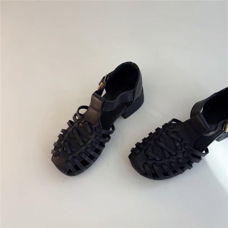 Sheepskin version~ niche retro woven open-toed outer wear summer Roman sandals women's leather thick heel with sandals
