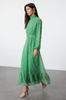 Women's Style Hijab Dress Green Floral High Collar Waist Detailed Lined Chiffon Woven Dress