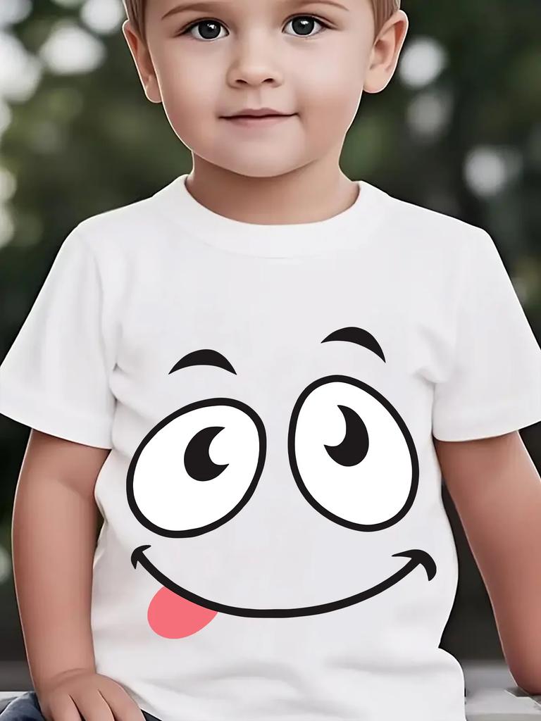 Cute Big Eyes Smiley Face Sticking Tongue Graphic Short Sleeve Tee Funny Cartoon Expression Print Casual Top For Toddler Kids