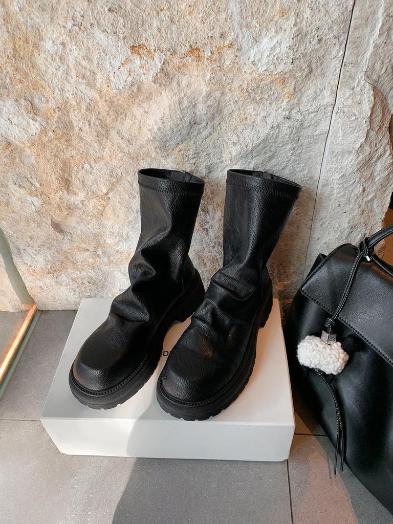 Версия из коровьей кожи виноградный матовый толстая подошва ретро кожа плиссированные задняя молния на наборном каблуке короткие ботинки женские тонкие ботинки британские ботинки Мартин