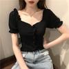 Summer Knitted Ice Silk Puff-sleeve Scalloped V-neck T-shirt for Women Slim-fitting Short-sleeved Stylish Short Top