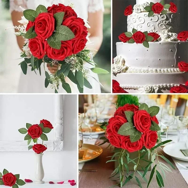 5-50Pcs Artificial Roses Flowers Foam Fake Rose Heads With Stems For DIY Wedding Bouquets Home Party Tables Decorations Supplies